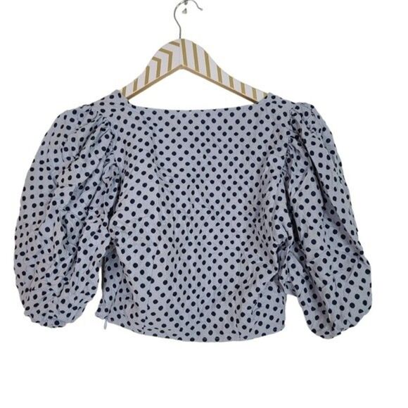 FREE PEOPLE Top Womens 2 Dusty Blue Polka Dot Puff Sleeve Blouse Cropped Shirt - Picture 3 of 12